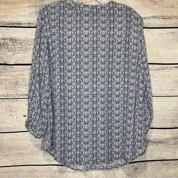 Rose & Thyme Popover Tunic Top Navy Blue White Geo Print Circles Wheels 3/4 Slvs - Picture 5 of 7